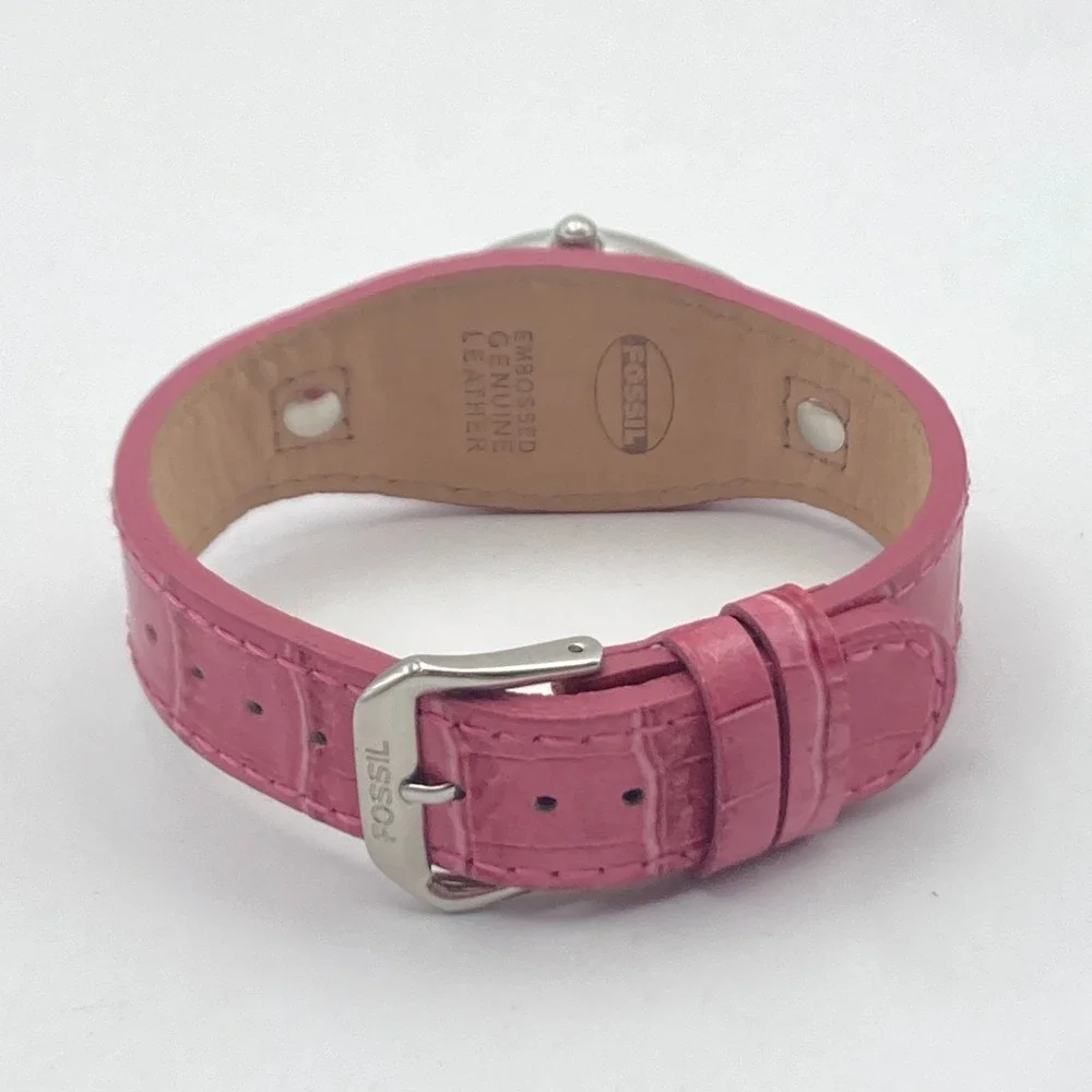 Fossil F2 Women's Watch 23mm Silver Tone Date Pink Leather Cuff MOP New Battery